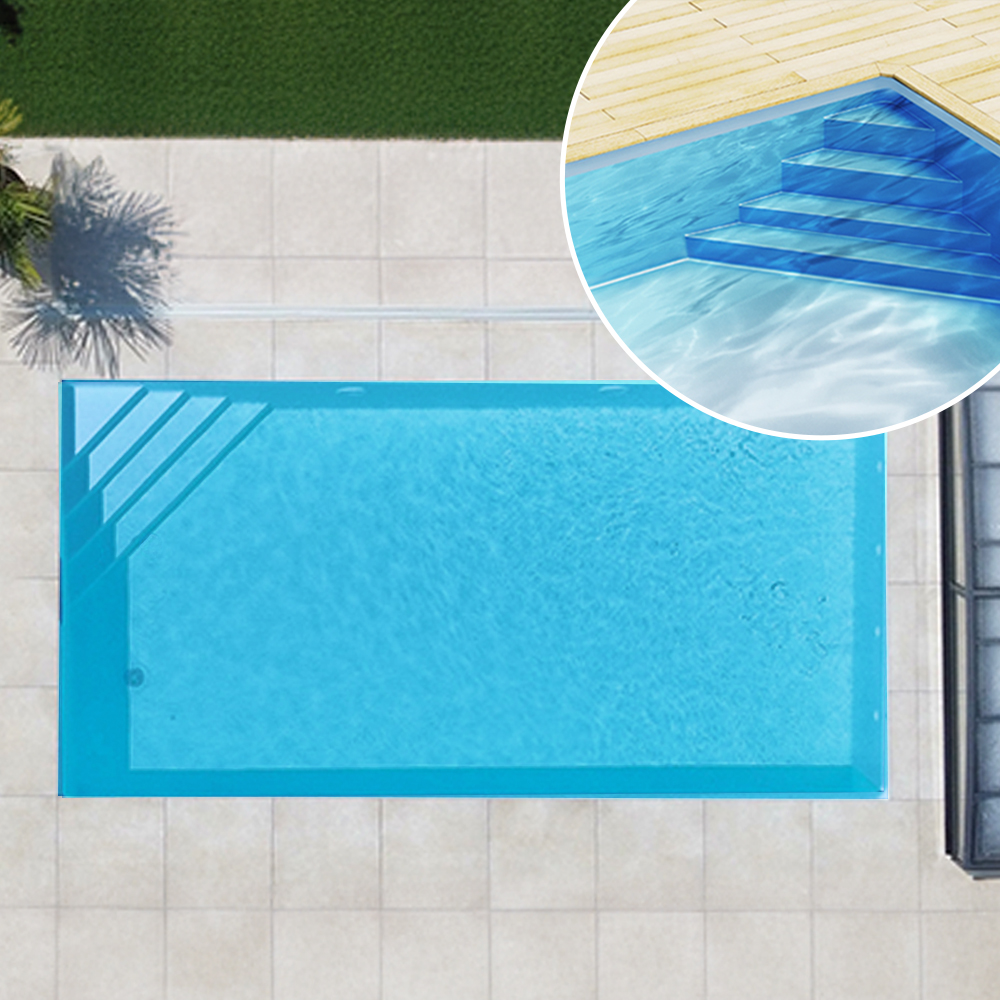 Styroporpool, 900 x 400 x 150 cm, Basis-Bausatz mit Ecktreppe rechts