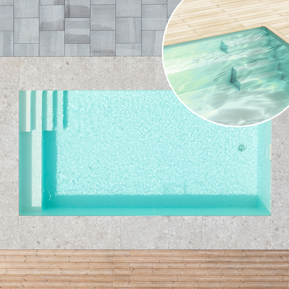 Styroporpool, 350 x 350 x 150 cm, Basis-Bausatz mit Treppe rechts und Sitzbank