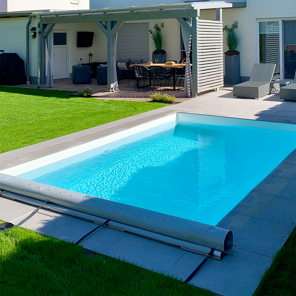 Styroporpool, 350 x 350 x 150 cm, Basis-Bausatz mit Treppe rechts und Sitzbank