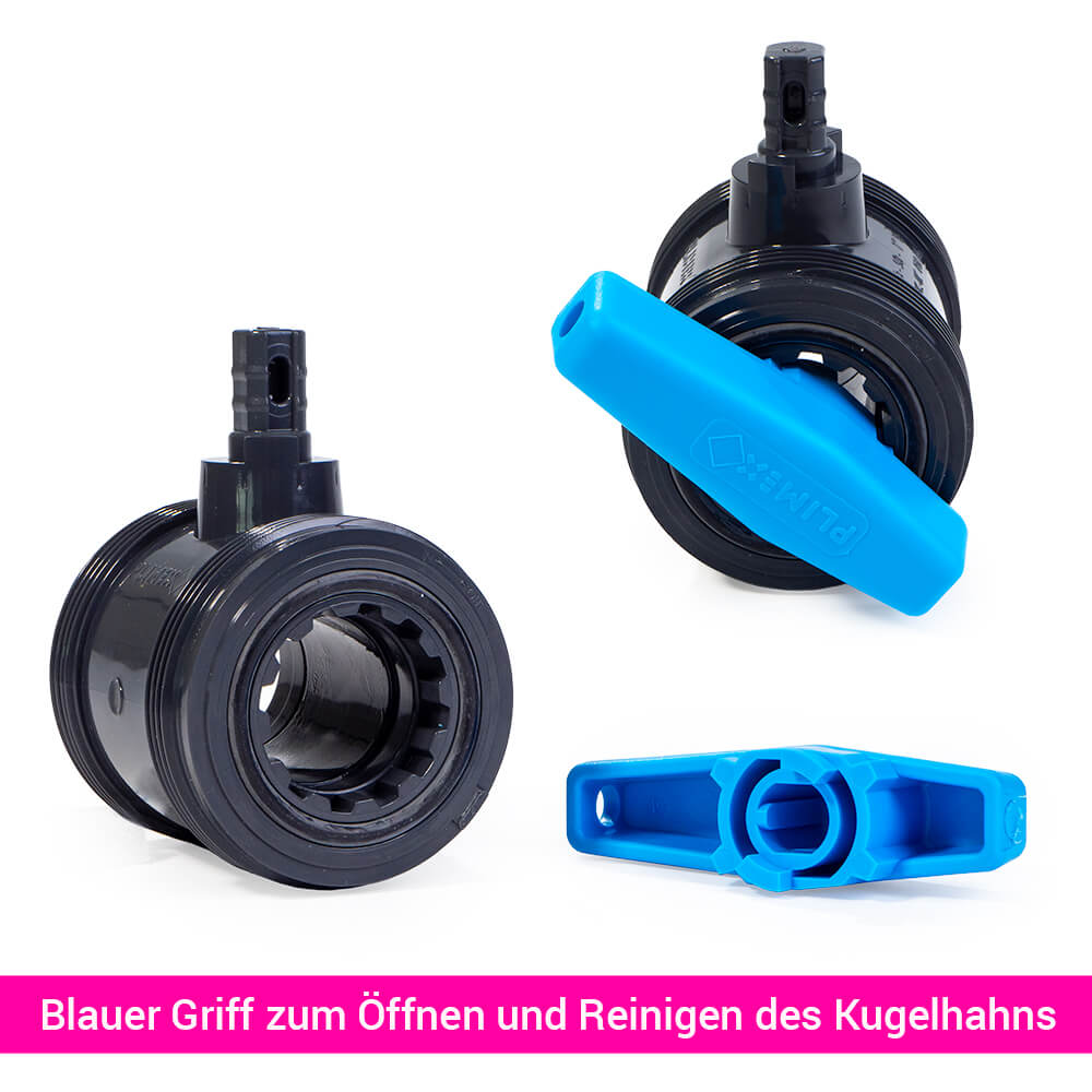 Blauer Griff zum Öffnen und Reinigen des Kugelhahns