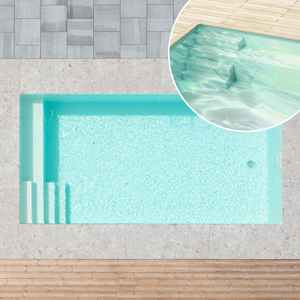 Styroporpool, 700 x 350 x 150 cm, Komplettset mit Treppe links und Sitzbank